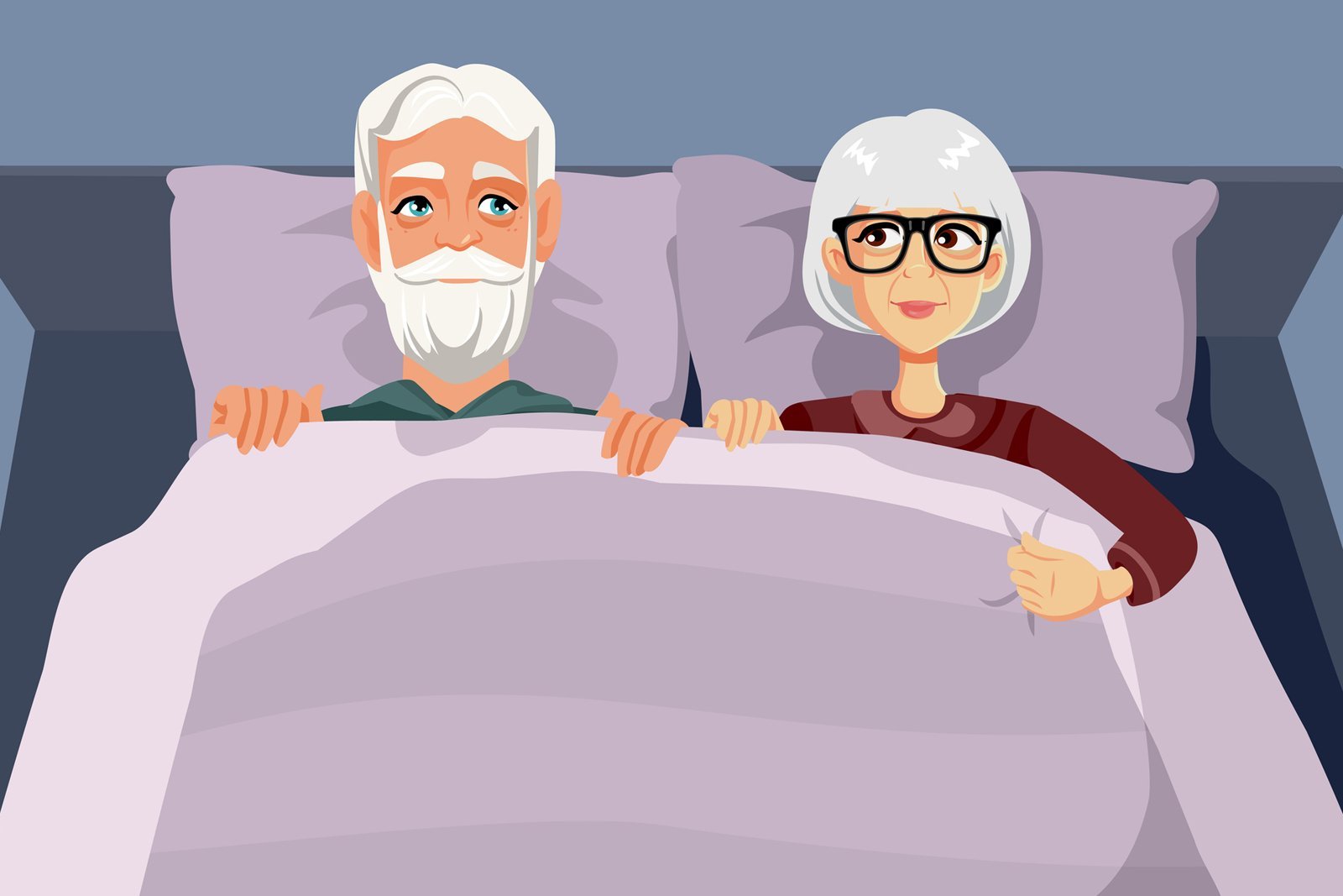 Eine Grafik zeigt ein Seniorenpaar im Bett. 
